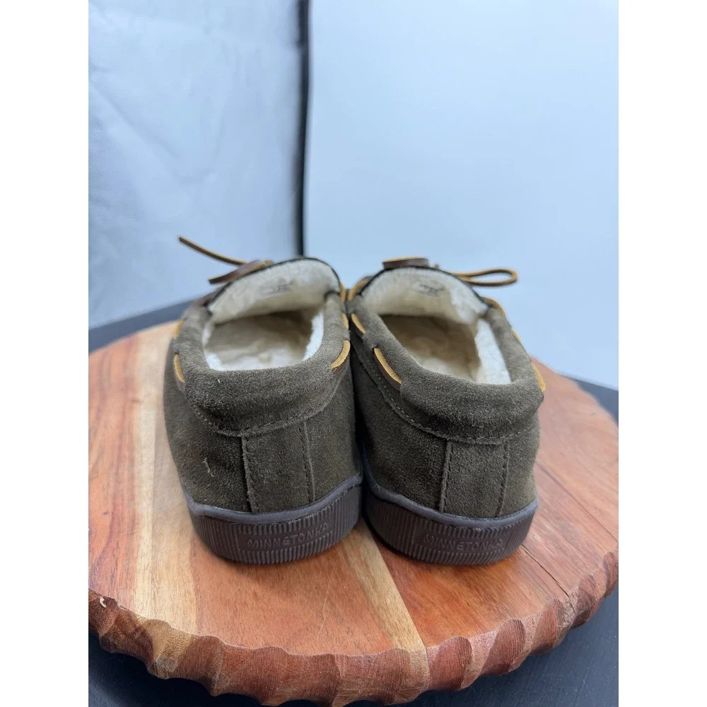 Minnetonka piled lined Suede Moccasin Slippers Mens 7.5 brown Faux Fur Lined
